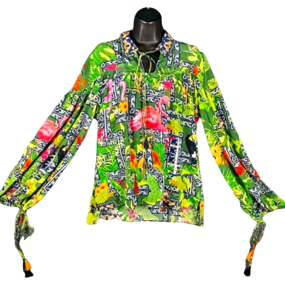 La Fuori Bela Fuori Tropical Silk Top Green Long Sleeve Tassel Women's XL